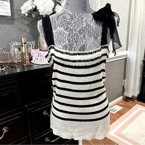 Etcetera Silk Knit Tank Top Black White Stripe Tie Strap - Size L